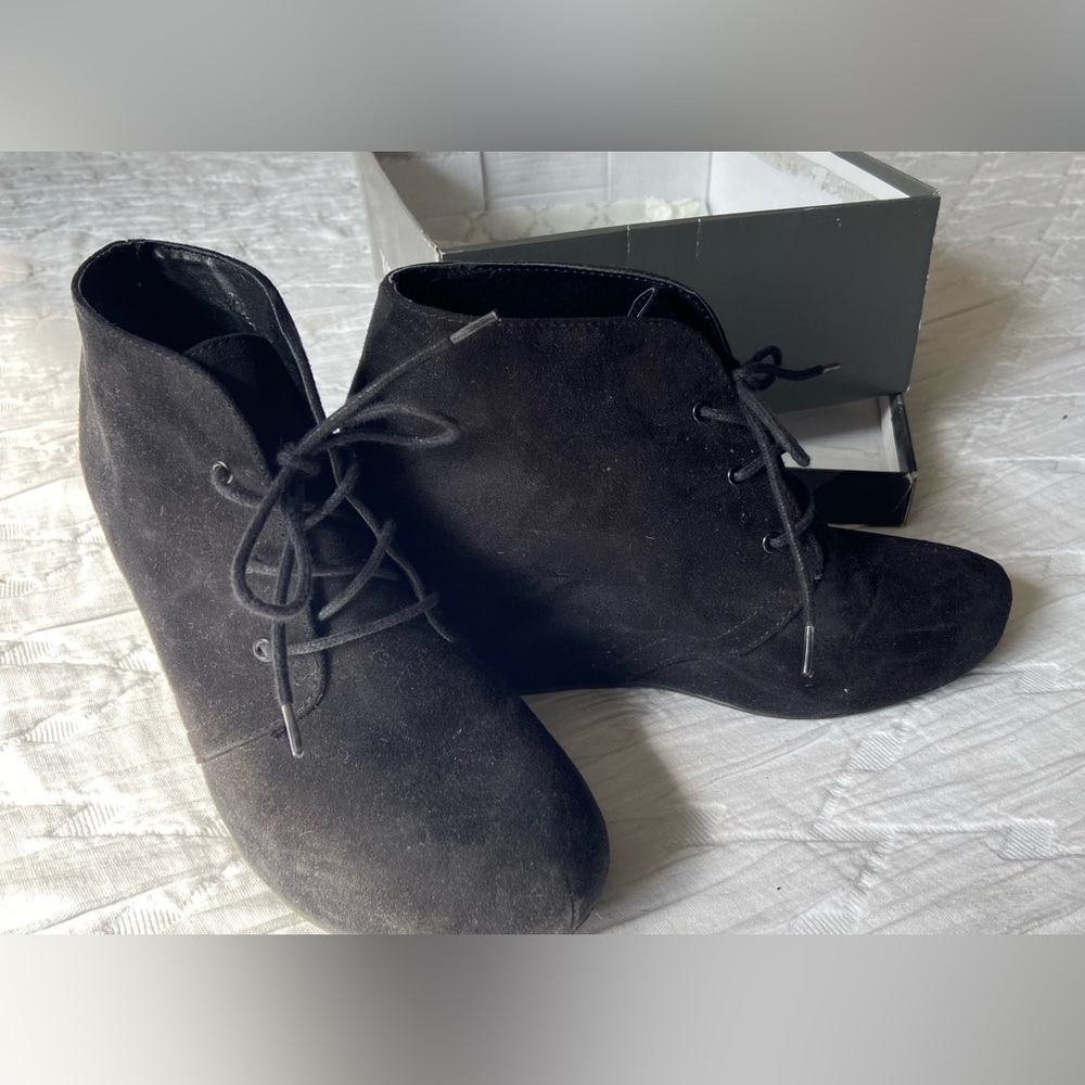 Xappeal black suede ankle booties, wedge, lace up. 3” heel. Style 1225709